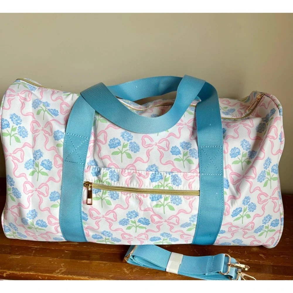 Blue Floral‎ Pink Bow Ruffle Duffel Bag Travel Carry On Weekender Gym Bag 18x10